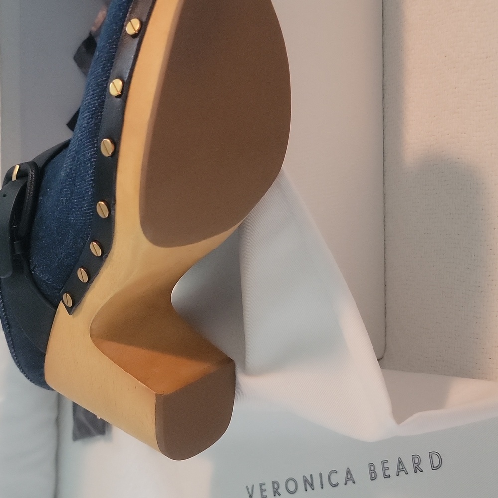 New Veronica Beard Navy Mules with Gold Accents - Picture 3 of 6